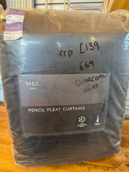 Marks and Spencer Charcoal velvet ultra Smart Temperature Blackout Brushed Pencil Pleat Curtains 86 x 90 inch