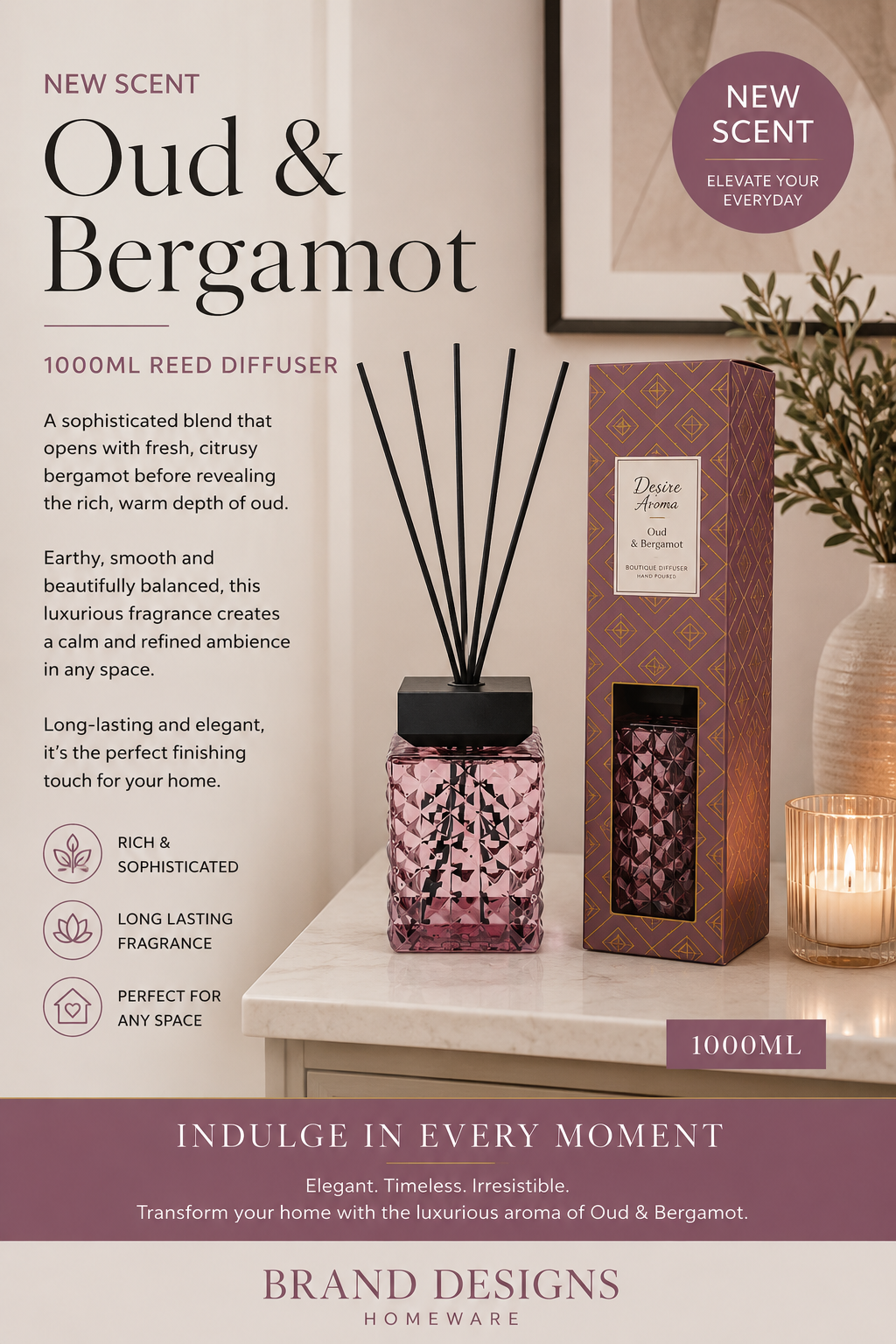 1 Litre Oud & Bergamot Reed Diffuser