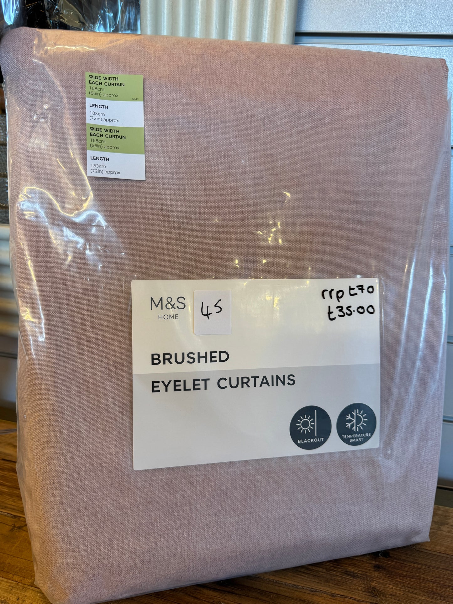 M & S Blush Pink Thermal Blackout Brushed Eyelet Curtains 66 x 72 inch