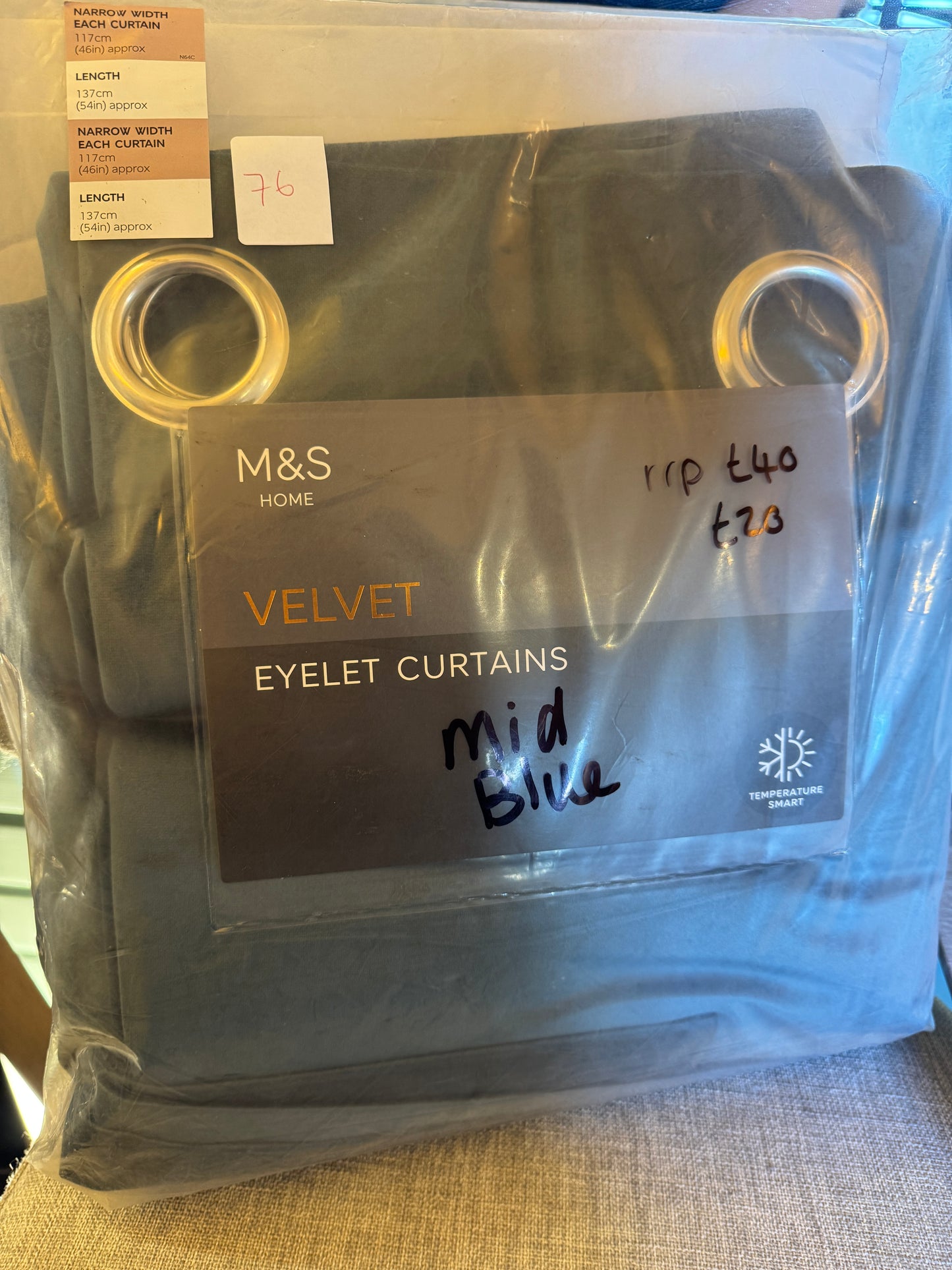 M & S Mid Blue Thermal Velvet Eyelet Curtains 46 x 54  inch