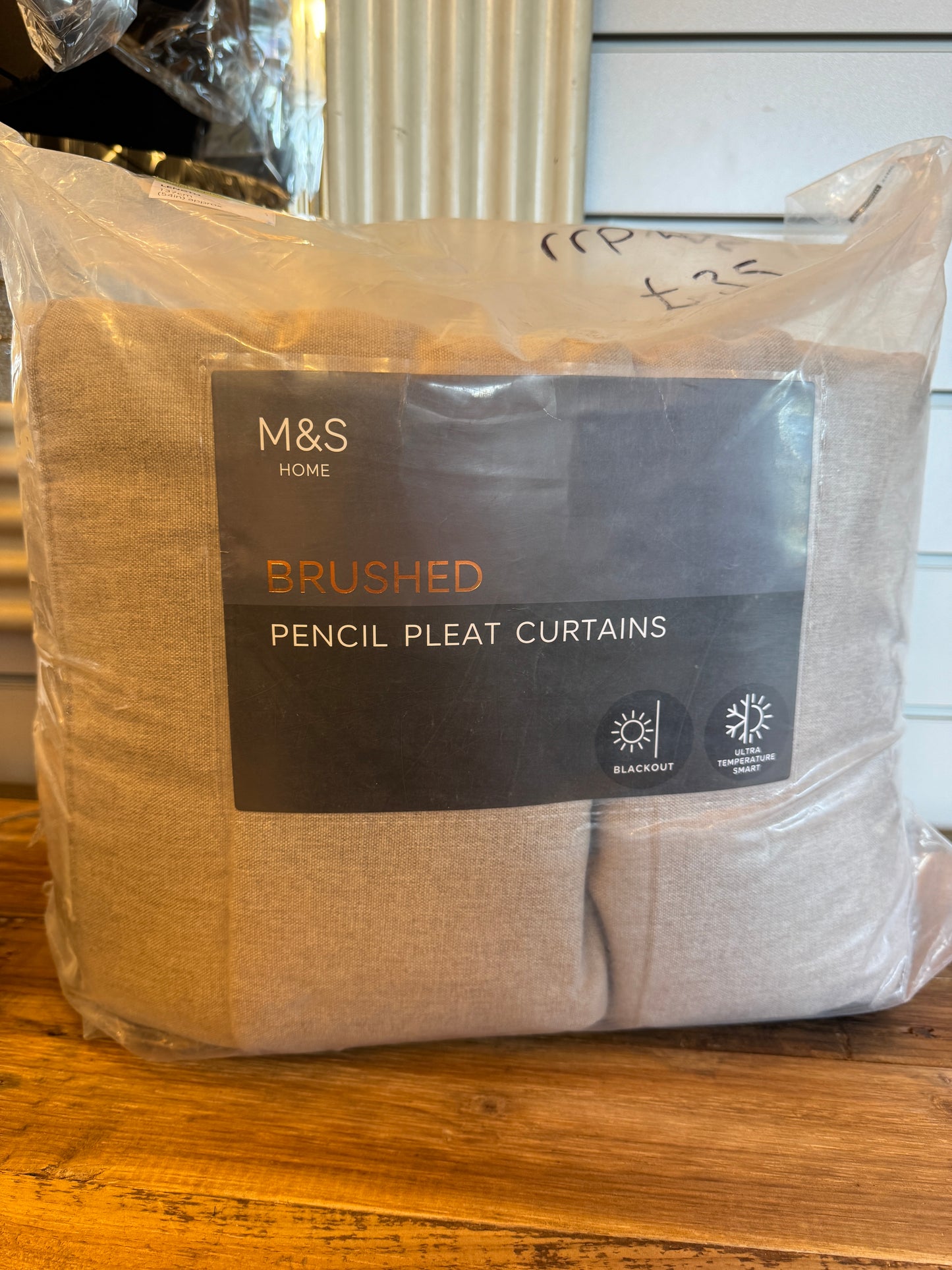 Marks and Spencer  neutral beige ultra  Smart Temperature Blackout Brushed Pencil Pleat curtains 66 x 54 inch
