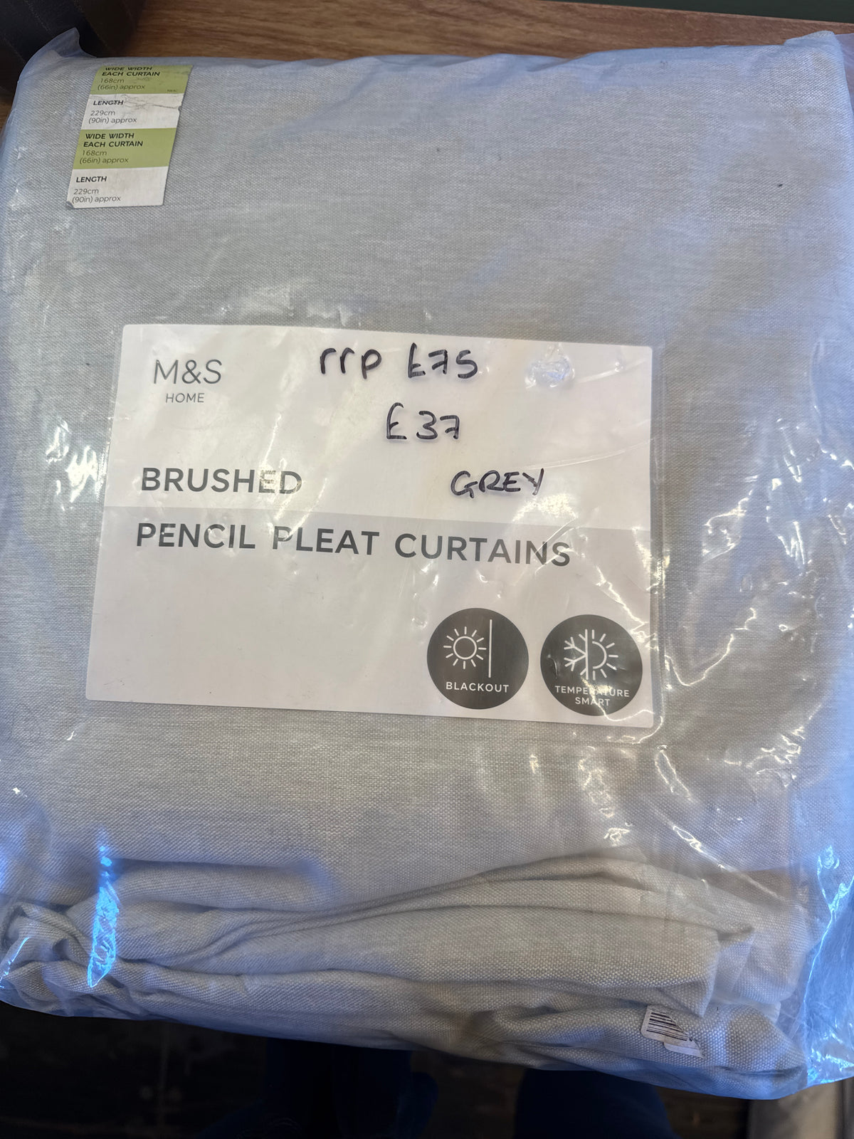 M & S Grey Smart Temperature Blackout Brushed Pencil Pleat curtains 66 x 90  inch