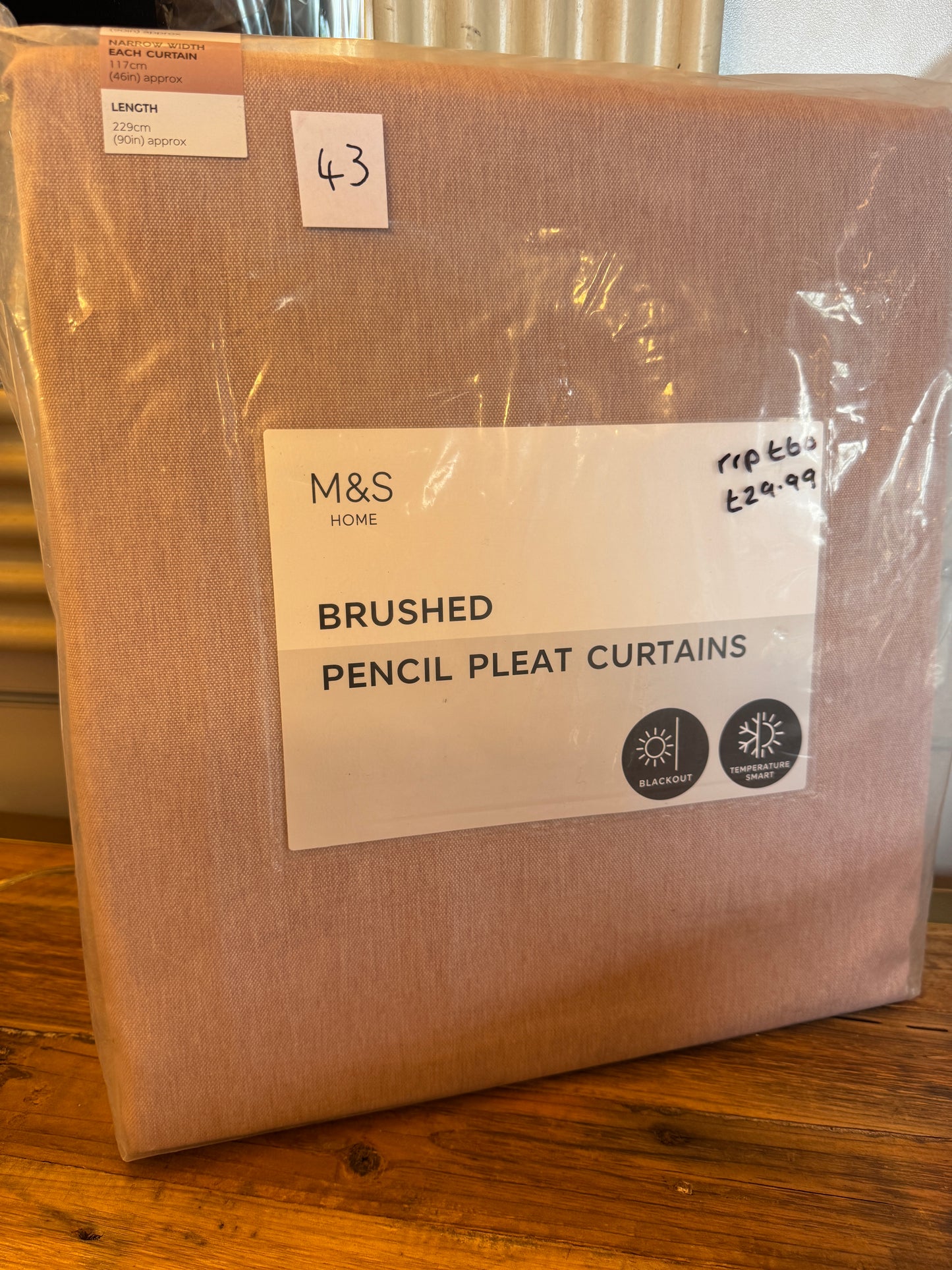 M & S Blush Pink Thermal Blackout Brushed Pencil Pleat Curtains 46 x 90 inch
