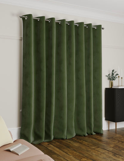 M & S Green Velvet Thermal Eyelet Ring Top Curtains  66 x72 inch