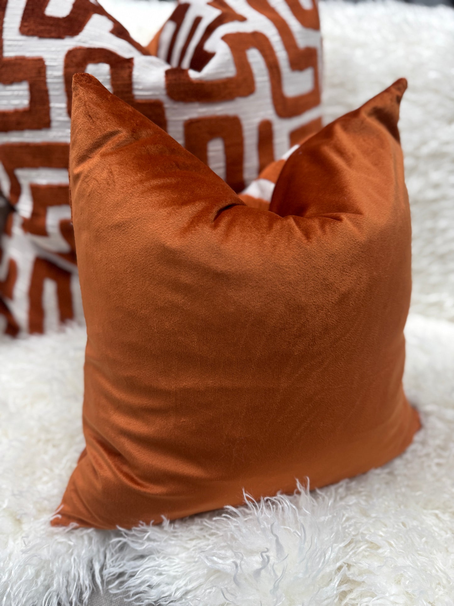 Burnt orange maze velvet cushion feather filled 45 x 45cm (Copy)