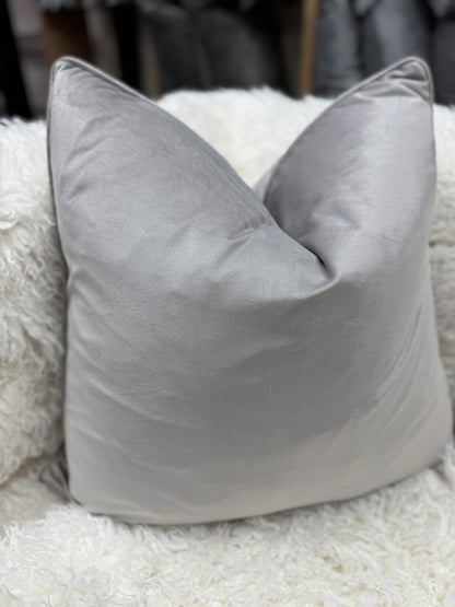 Light grey velvet cushion piped edge feather filled 60 x 60 cm