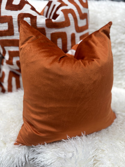 Burnt orange maze velvet cushion feather filled 60 x 60cm