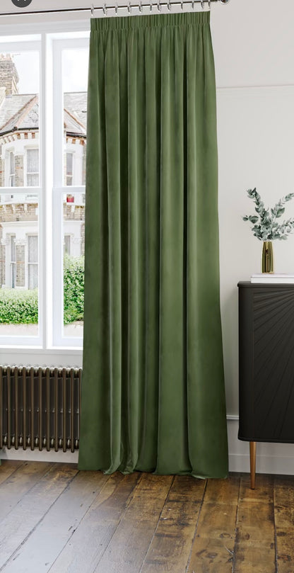 M & S Green Velvet Thermal Pencil Pleat Curtains 66 x90 inch