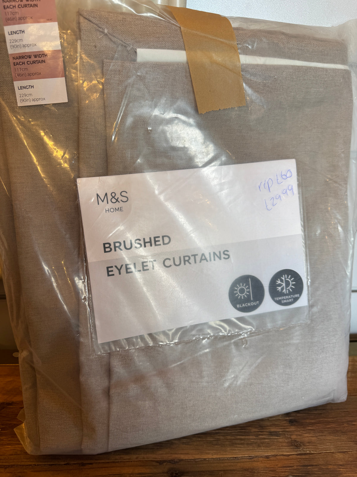 Marks and Spencer neutral beige Smart Temperature Blackout Brushed Eyelet curtains  46 x 90 inch