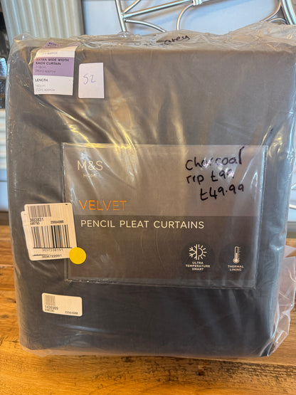 Marks and Spencer Charcoal velvet ultra Smart Temperature Blackout Brushed Pencil Pleat Curtains 86 x 72 inch