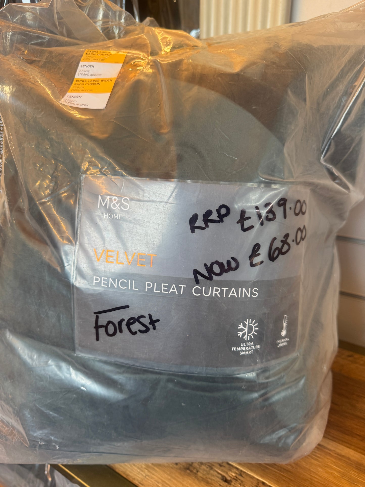 M & S Thermal Forest Green Velvet Pencil Pleat Curtains 90 x 108 in