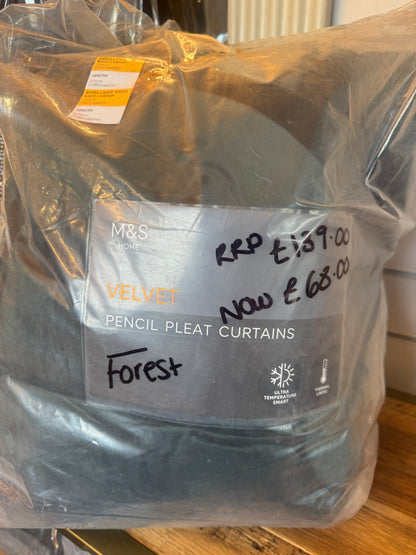 M & S Thermal Forest Green Velvet Pencil Pleat Curtains 90 x 108 in