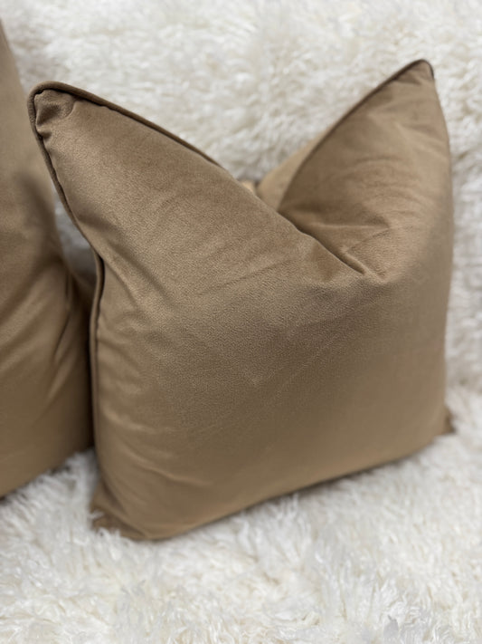 Latte Velvet Cushion Feather Filled Pipe Edge 45x45 cm Luxury Pillow for Home Decor