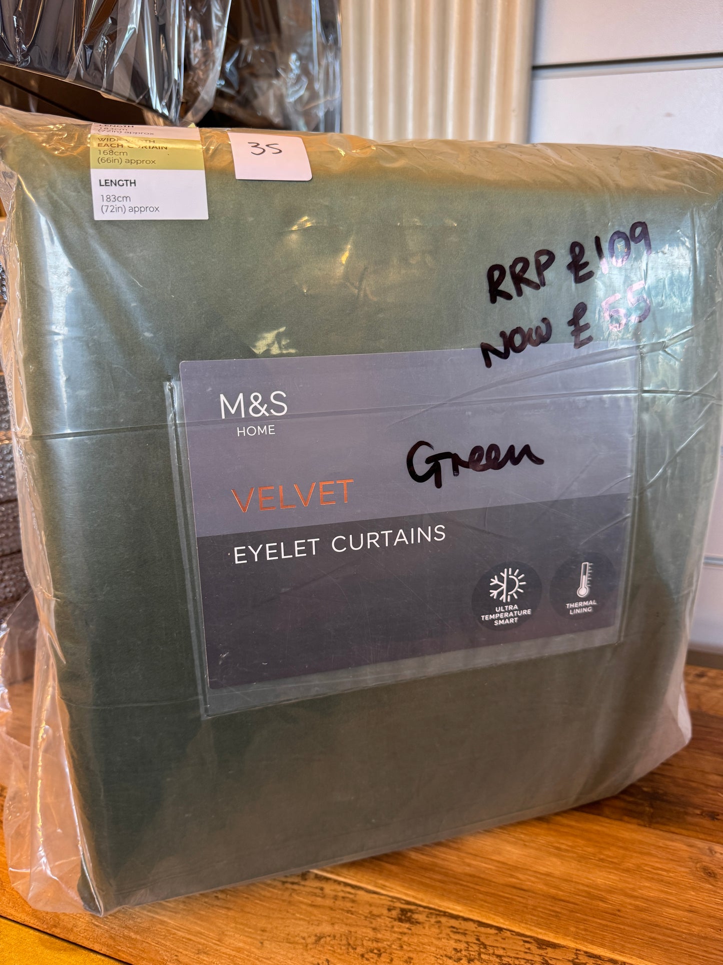 M & S Green Velvet Thermal Eyelet Ring Top Curtains  66 x72 inch