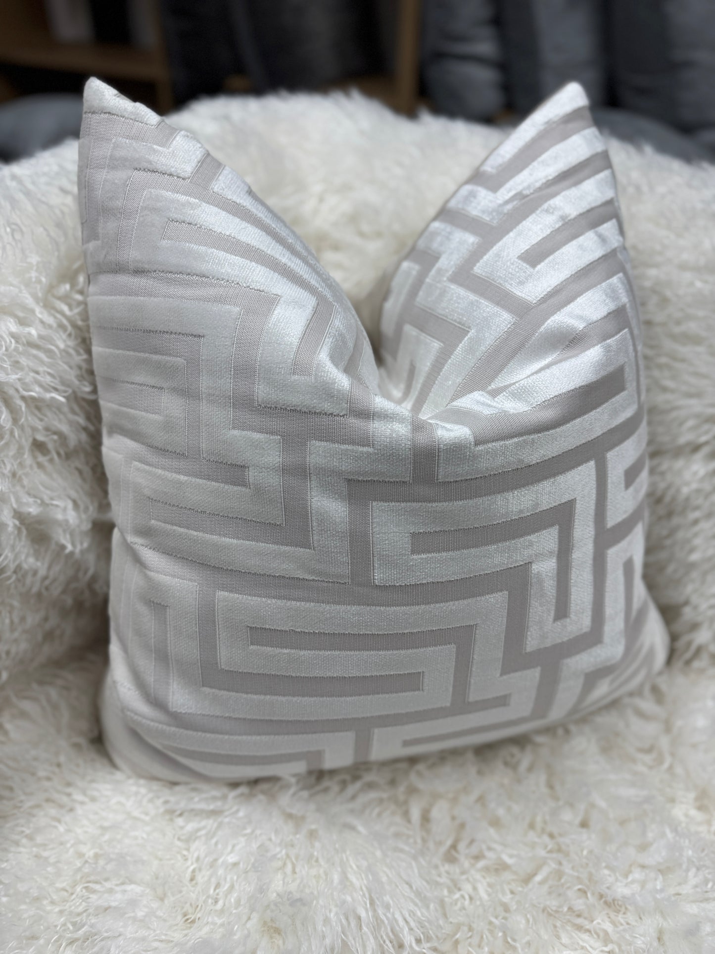 Cream Aztec velvet pattern cushion. 60 x 60cm feather filled