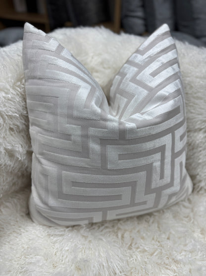 Cream Aztec velvet pattern cushion. 60 x 60cm feather filled