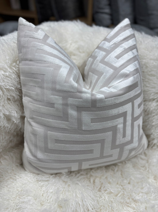 Cream Aztec velvet pattern cushion. 60 x 60cm feather filled