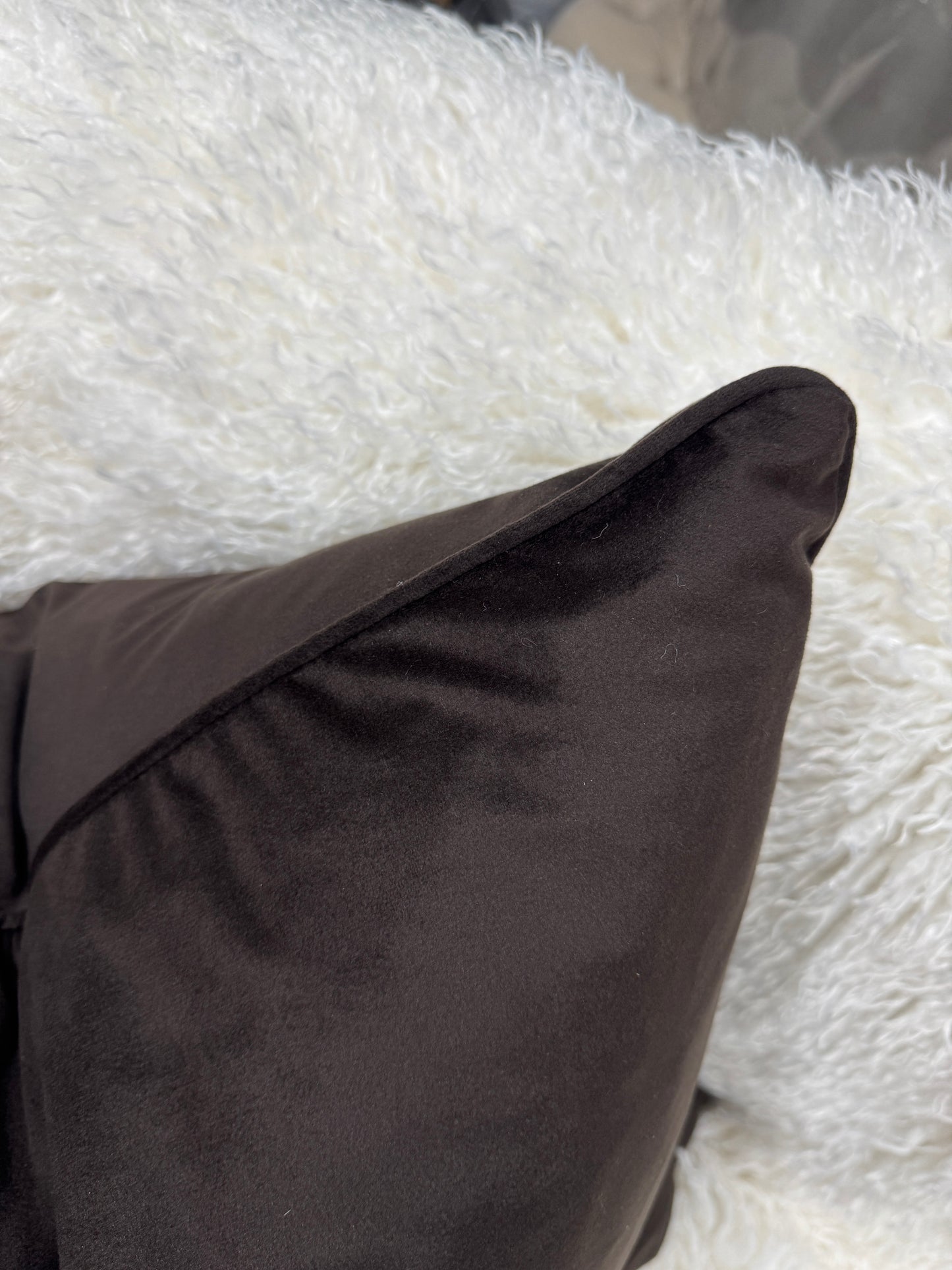 Chocolate brown velvet cushion 60 cm x 60cm piped edge feather filled stunning luxury