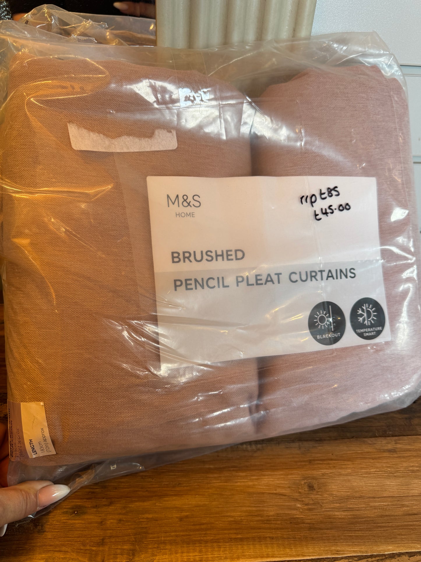 M & S Blush Pink Thermal Blackout Brushed Pencil Pleat Curtains 86 x 72 inch