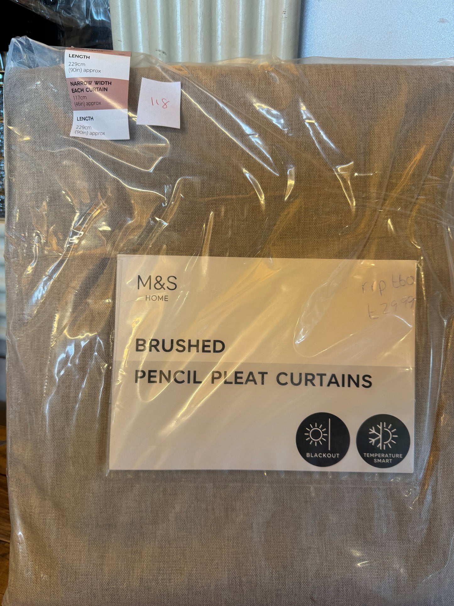 Marks and Spencer  neutral beige  Smart Temperature Blackout Brushed Pencil Pleat curtains 46 x 90 inch