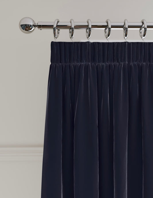 M & S Navy Blue Velvet Thermal Pencil Pleat Curtains 66 x 90 inch