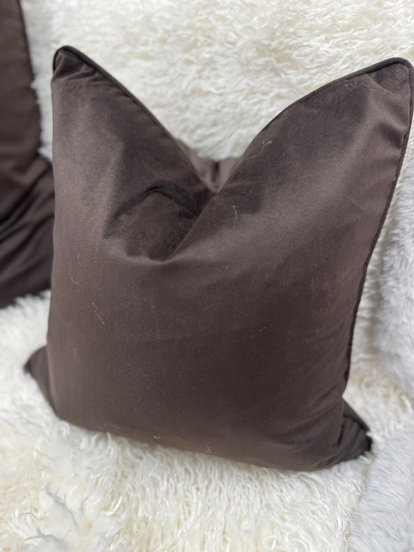 Chocolate brown velvet cushion 45 cm x 45 cm piped edge feather filled stunning luxury