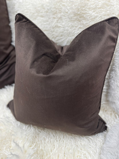 Chocolate brown velvet cushion 45 cm x 45 cm piped edge feather filled stunning luxury