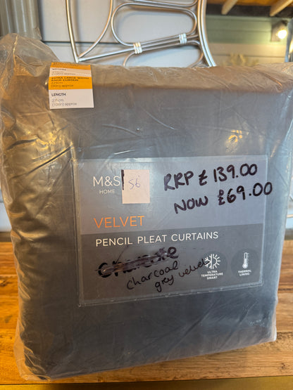 Marks and Spencer Charcoal velvet ultra Smart Temperature Blackout Brushed Pencil Pleat Curtains 90 x 108 inch