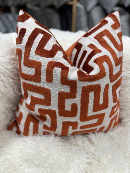 Burnt orange maze velvet cushion feather filled 60 x 60cm