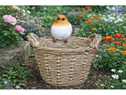 Robin on a basket garden statue