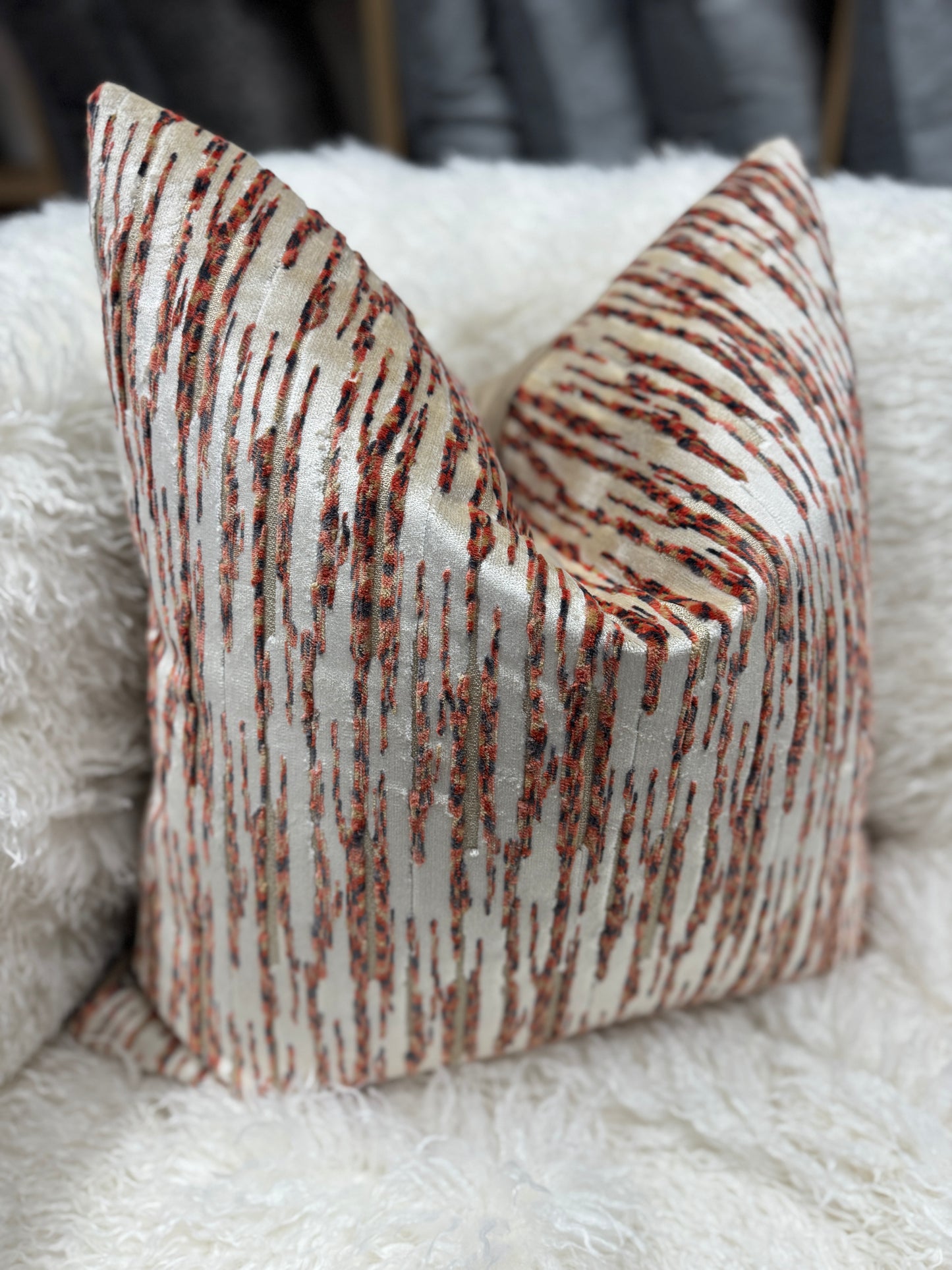 Orange and cream stripe abstract velvet cushion 58 x 58cm feather filled