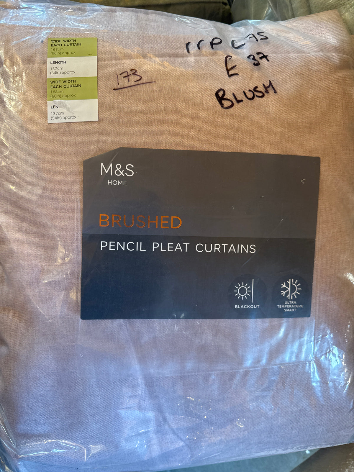 M & S Blush Pink ultra Thermal Blackout Brushed Pencil Pleat Curtains 66 x 54 inch
