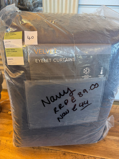M & S Navy Blue Velvet Thermal Eyelet Curtains 66x 90 inch