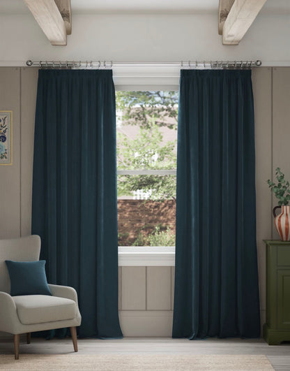 M & S Mid Blue Smart Temperature Velvet Pencil Pleat Curtains 86 x 54 inch