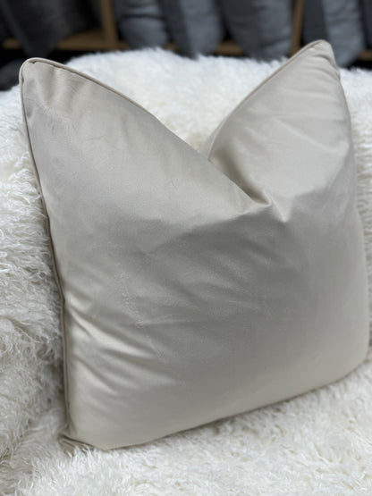 Dark cream feather filled velvet cushion 60 x 60 cm pipe edge