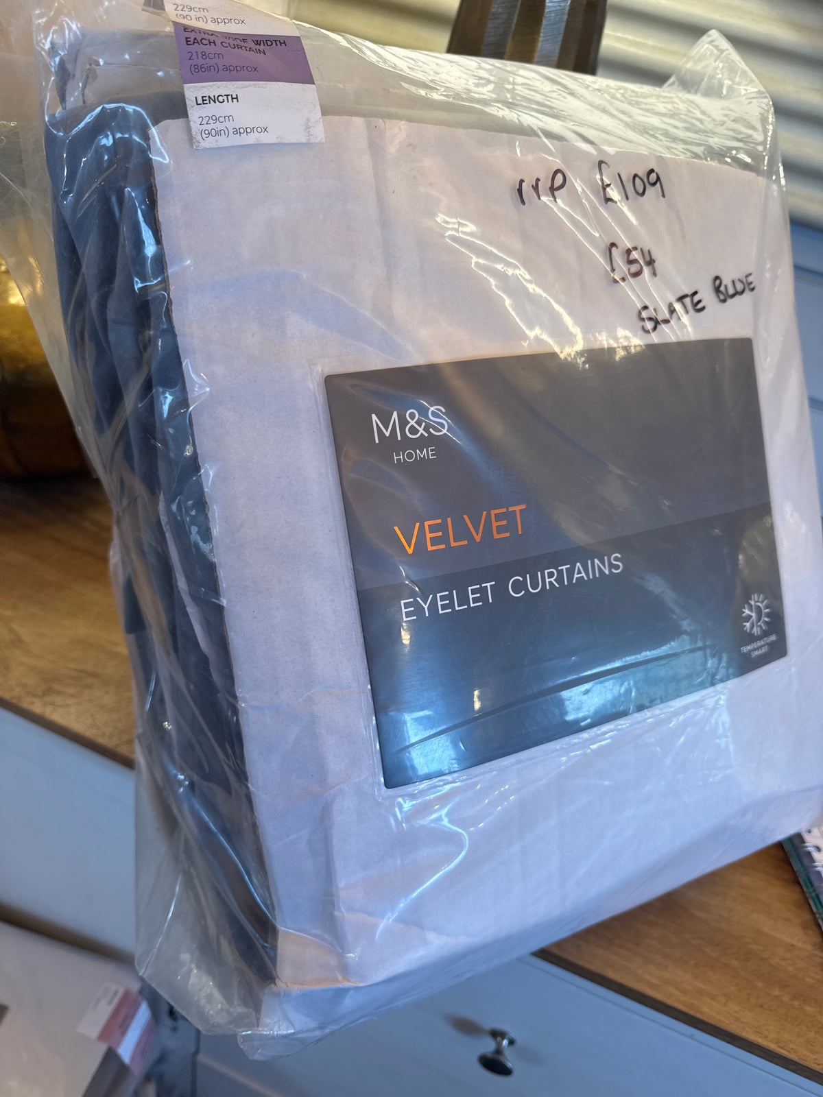 M & S Slate Blue Smart Temperature Blackout Brushed Eyelet Curtains 86 x 90  inch