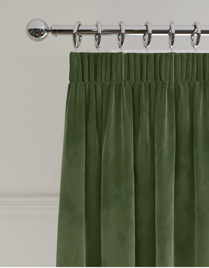 M & S Green Velvet Thermal Pencil Pleat Curtains 66 x90 inch