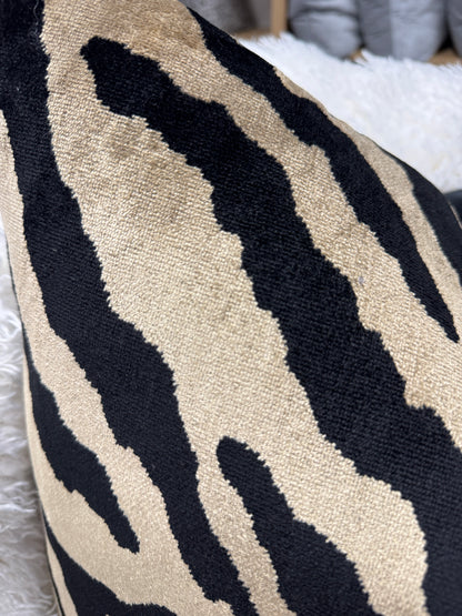 Taupe and black safari print velvet cushion 60 x 60cm feather filled