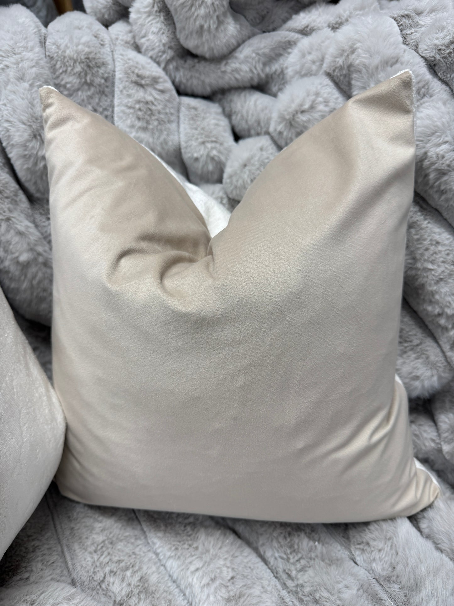 Off White flock velvet cushions 45 x 45cm