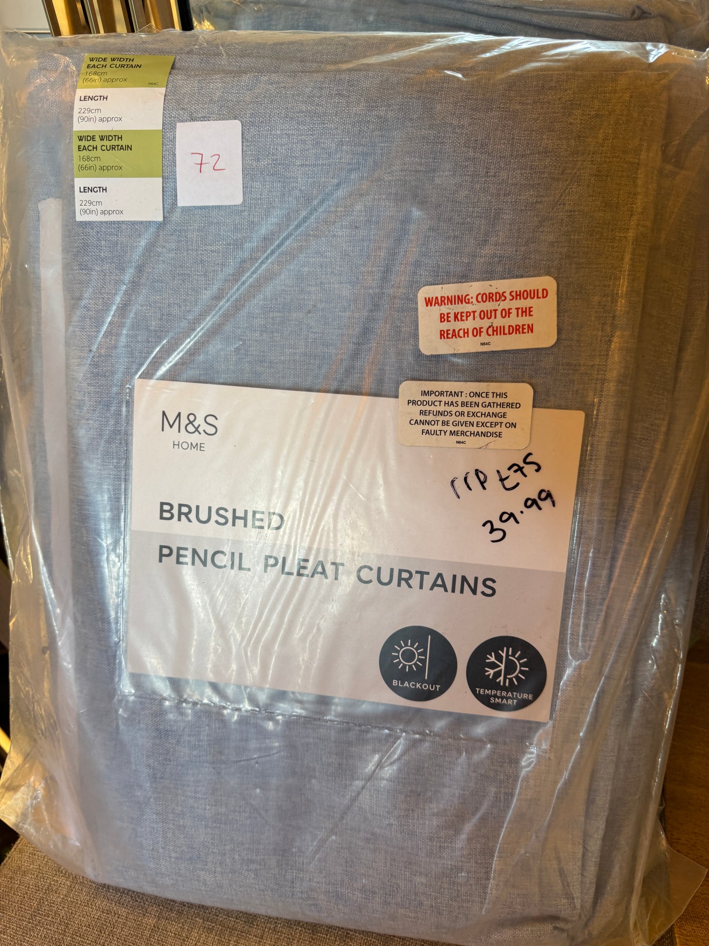 M & S Mid Blue Smart Temperature Blackout Brushed Pencil Pleat curtains 66 x 90 inch