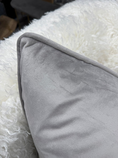 Light grey velvet cushion piped edge feather filled 60 x 60 cm