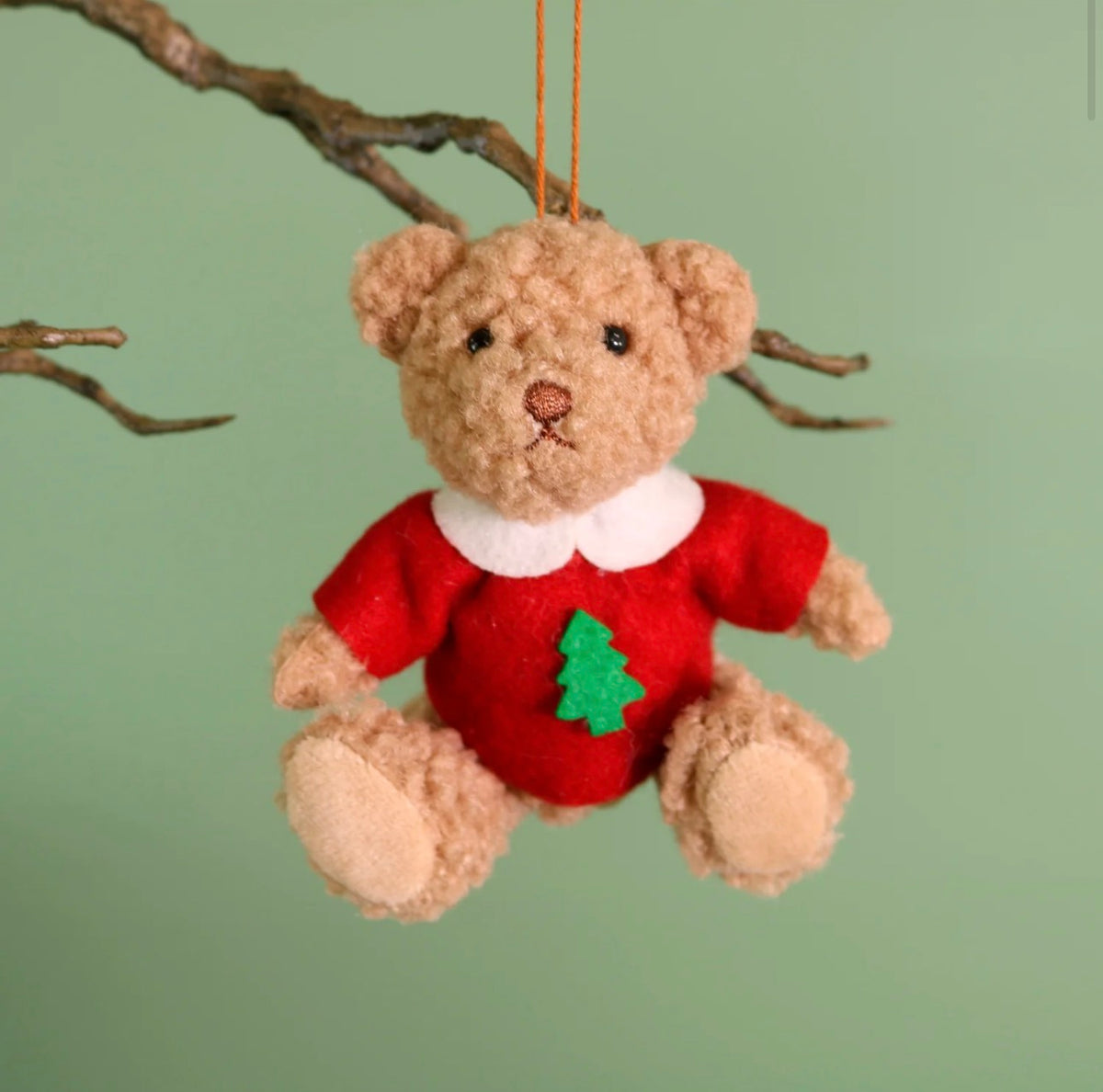Festive Teddy Bear Hanging Decoration – 12cm red jumper green tree