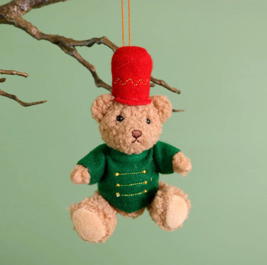 Teddy Bear Soldier Hanging Christmas Decoration – 14cm green bear red hat