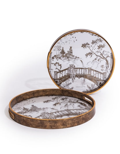 SET OF 2 DARK GOLD ORIENTAL GARDEN SERVING TRAYS
