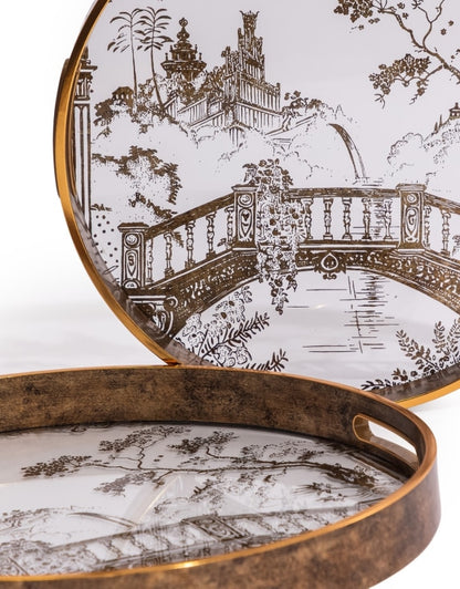 SET OF 2 DARK GOLD ORIENTAL GARDEN SERVING TRAYS