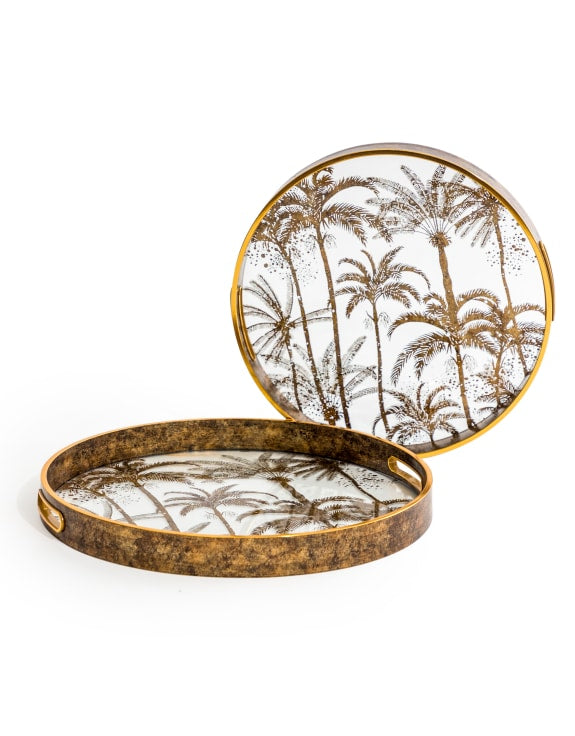 SET OF 2 DARK GOLD PALM TREE SERVING TRAYS