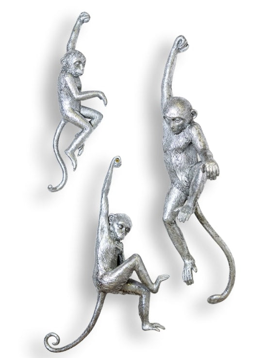 ANTIQUE SILVER SET OF 3 MONKEY WALL FIGURES