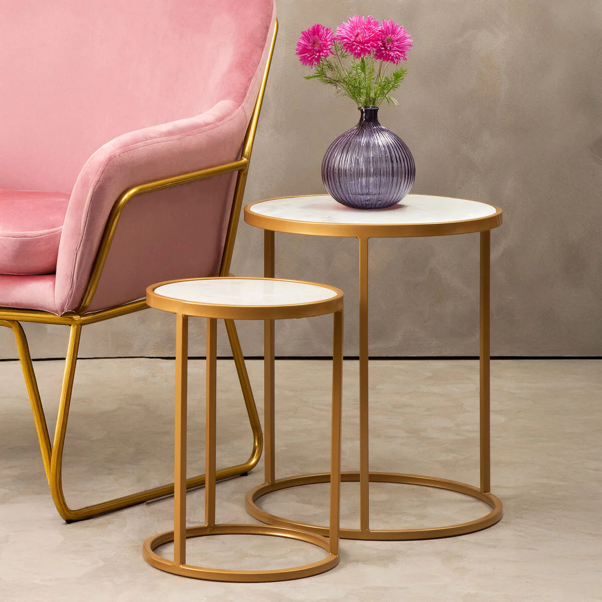 Set of 2 solid marble tables gold leg detail