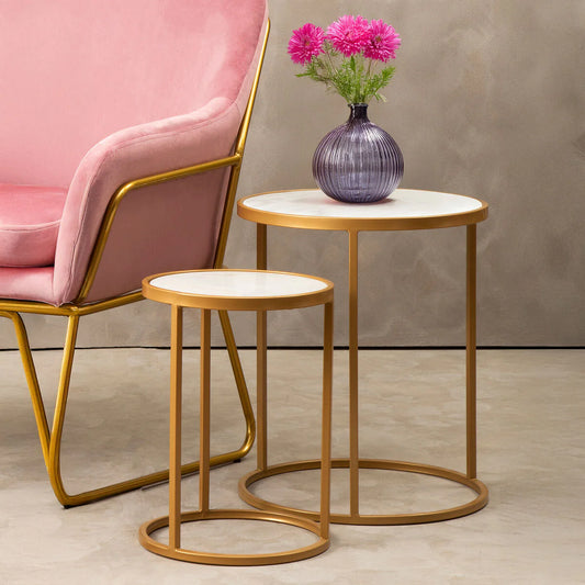 Set of 2 solid marble tables gold leg detail
