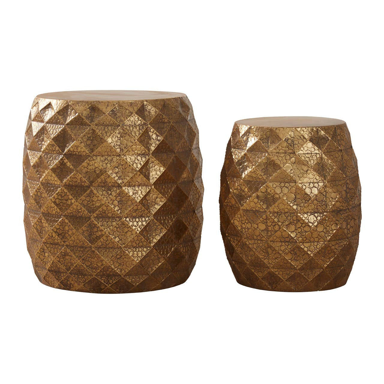 Set of 2 Antique Gold Finish Textured Stools and Tables